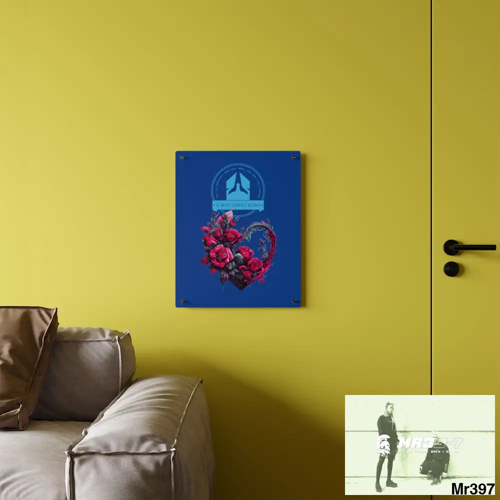 A Who Dares Wins Heart made of Pink Roses on Black Background Acrylic Wall Art Panels Home Decor