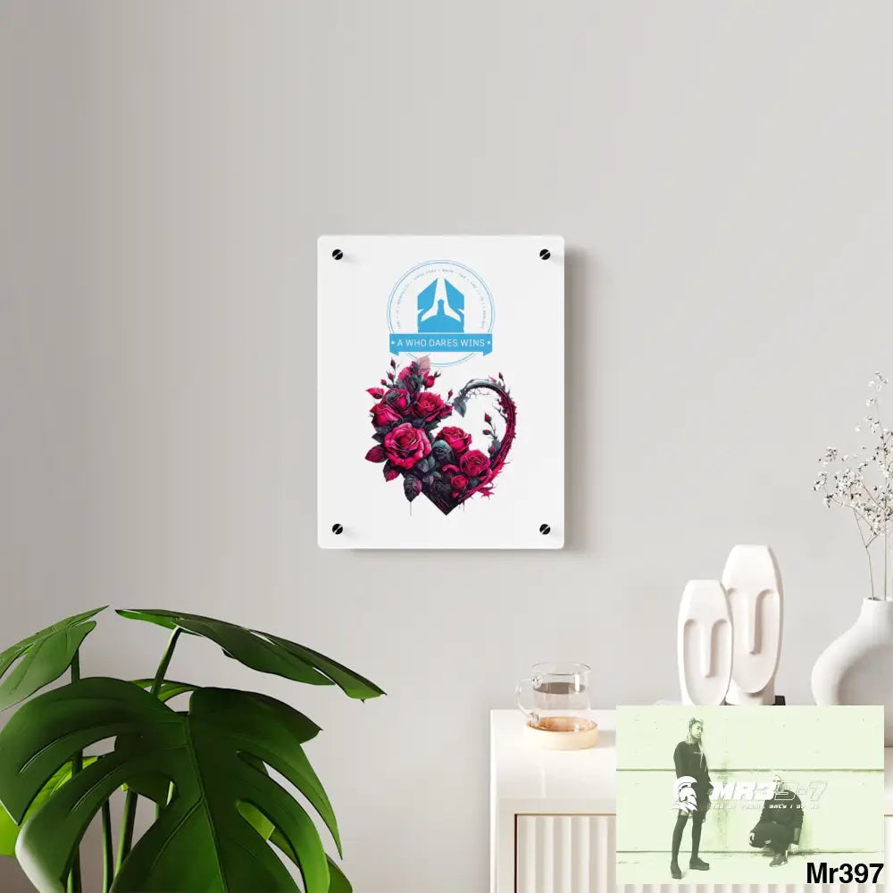 A Who Dares Wins Heart made of Pink Roses on Black Background Acrylic Wall Art Panels Home Decor