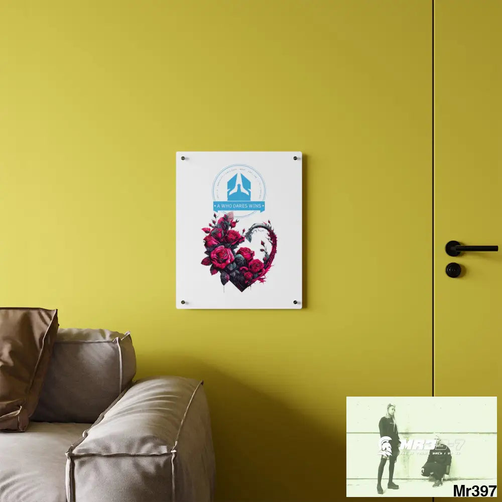 A Who Dares Wins Heart made of Pink Roses on Black Background Acrylic Wall Art Panels Home Decor