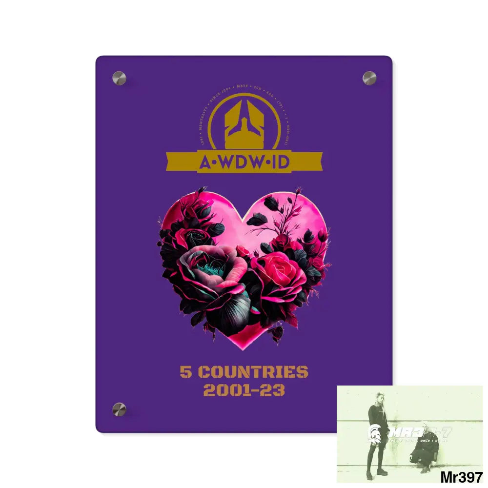 A Who Dares Wins (ID) RSF 5 Countries 2001-23 Heart made of pink roses with black accents Acrylic Wall Art Panels 11″ x