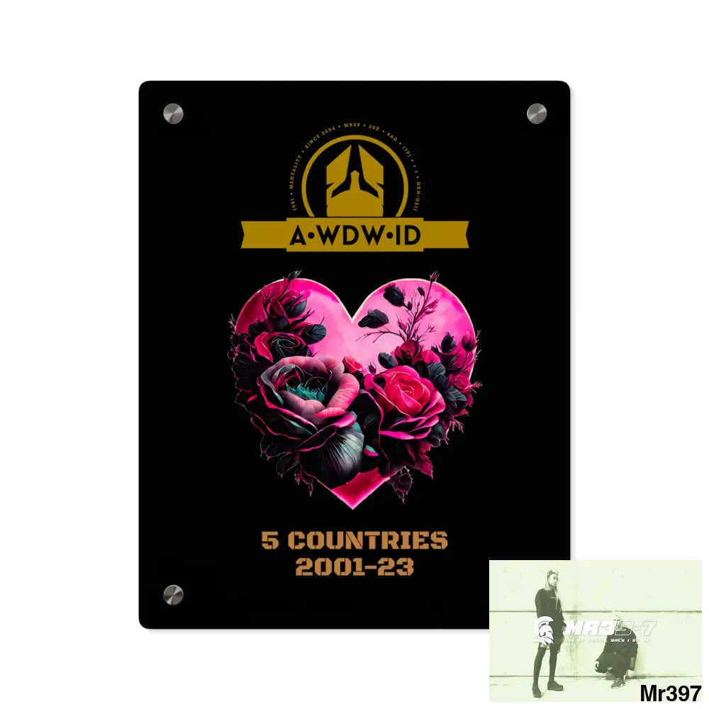 A Who Dares Wins (ID) RSF 5 Countries 2001-23 Heart made of pink roses with black accents Acrylic Wall Art Panels 11″ x