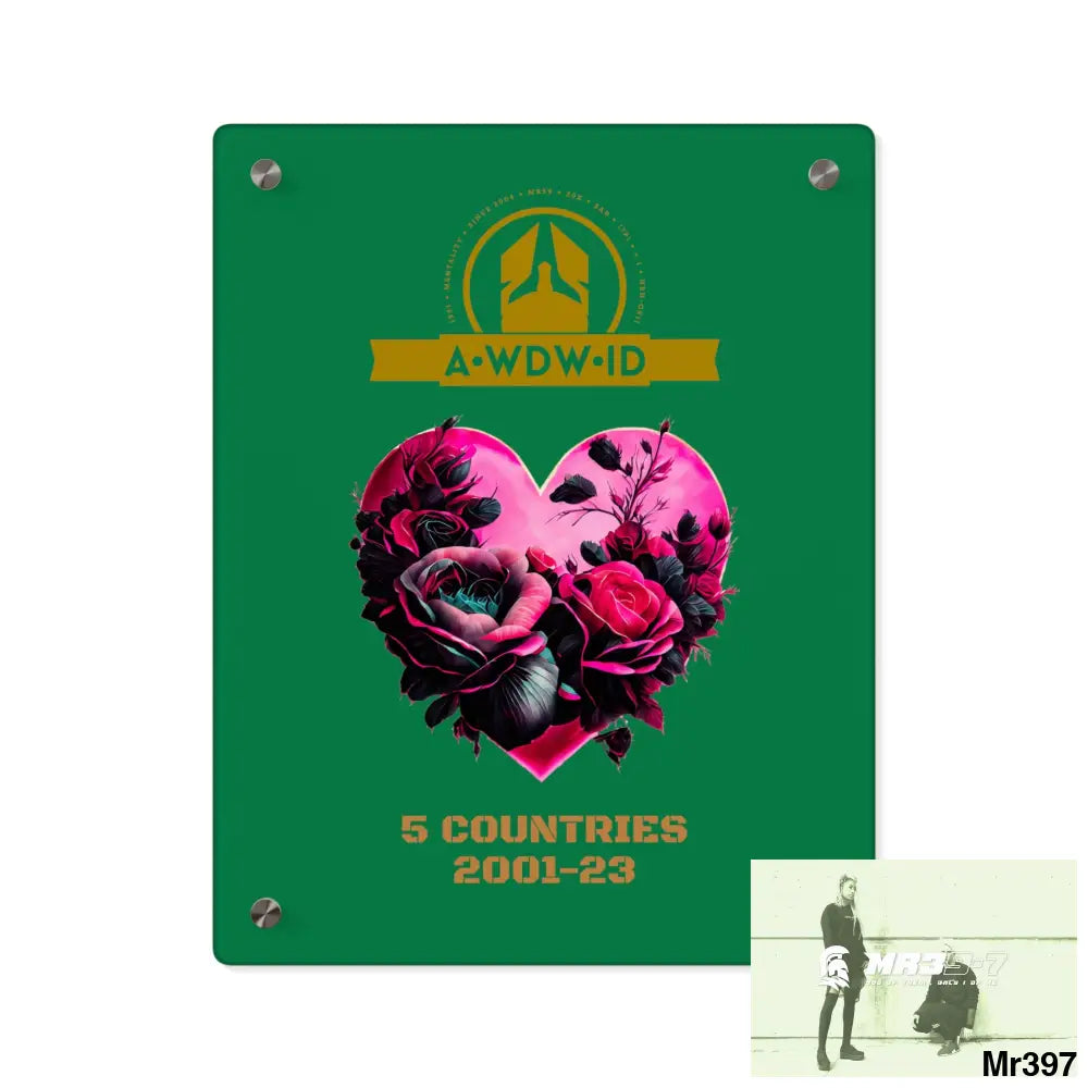 A Who Dares Wins (ID) RSF 5 Countries 2001-23 Heart made of pink roses with black accents Acrylic Wall Art Panels 11″ x