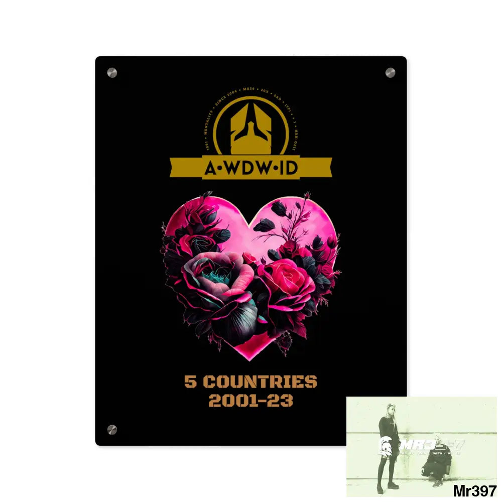 A Who Dares Wins (ID) RSF 5 Countries 2001-23 Heart made of pink roses with black accents Acrylic Wall Art Panels 16″ x