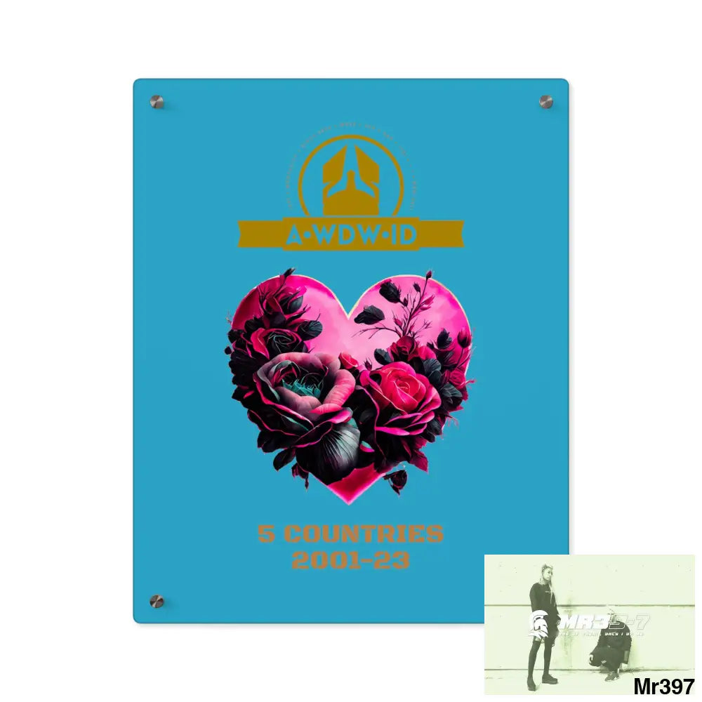 A Who Dares Wins (ID) RSF 5 Countries 2001-23 Heart made of pink roses with black accents Acrylic Wall Art Panels 16″ x