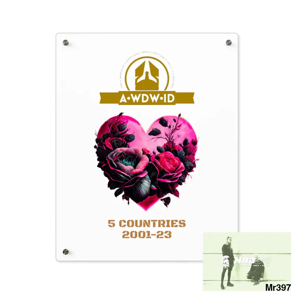 A Who Dares Wins (ID) RSF 5 Countries 2001-23 Heart made of pink roses with black accents Acrylic Wall Art Panels 16″ x