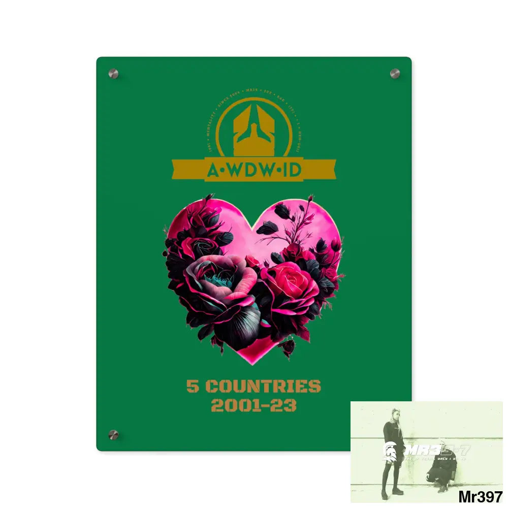 A Who Dares Wins (ID) RSF 5 Countries 2001-23 Heart made of pink roses with black accents Acrylic Wall Art Panels 16″ x