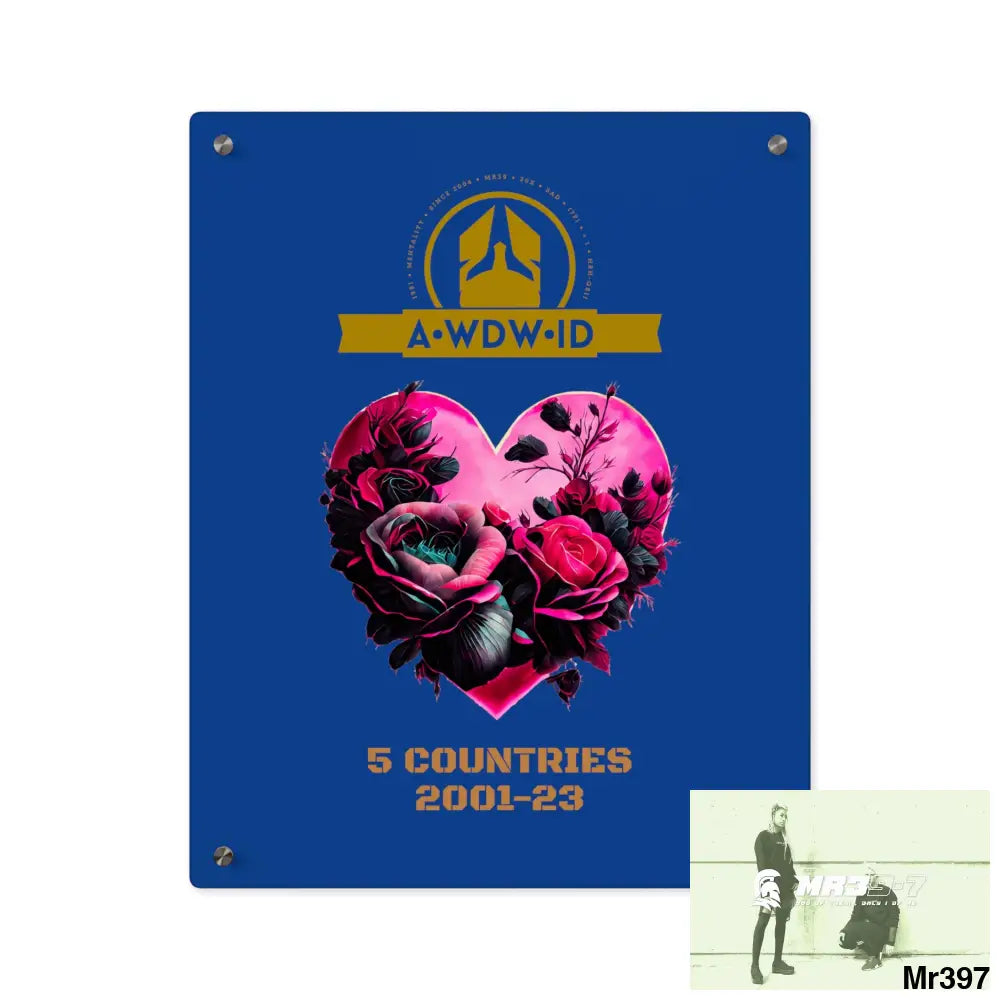A Who Dares Wins (ID) RSF 5 Countries 2001-23 Heart made of pink roses with black accents Acrylic Wall Art Panels 16″ x
