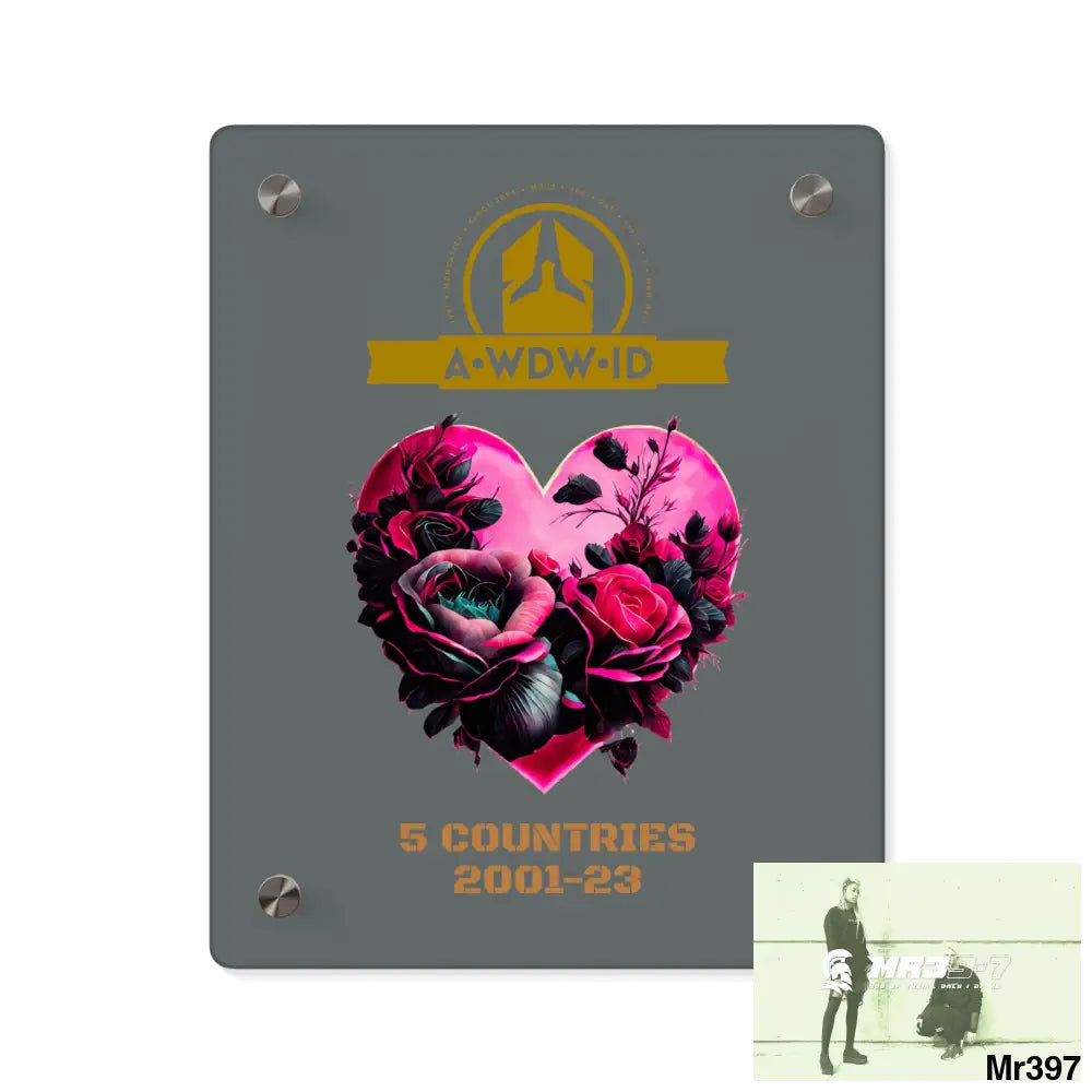 A Who Dares Wins (ID) RSF 5 Countries 2001-23 Heart made of pink roses with black accents Acrylic Wall Art Panels 8″ x