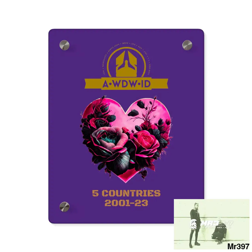 A Who Dares Wins (ID) RSF 5 Countries 2001-23 Heart made of pink roses with black accents Acrylic Wall Art Panels 8″ x