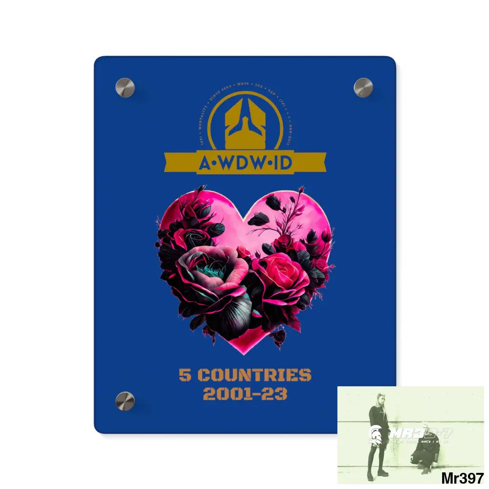 A Who Dares Wins (ID) RSF 5 Countries 2001-23 Heart made of pink roses with black accents Acrylic Wall Art Panels 8″ x