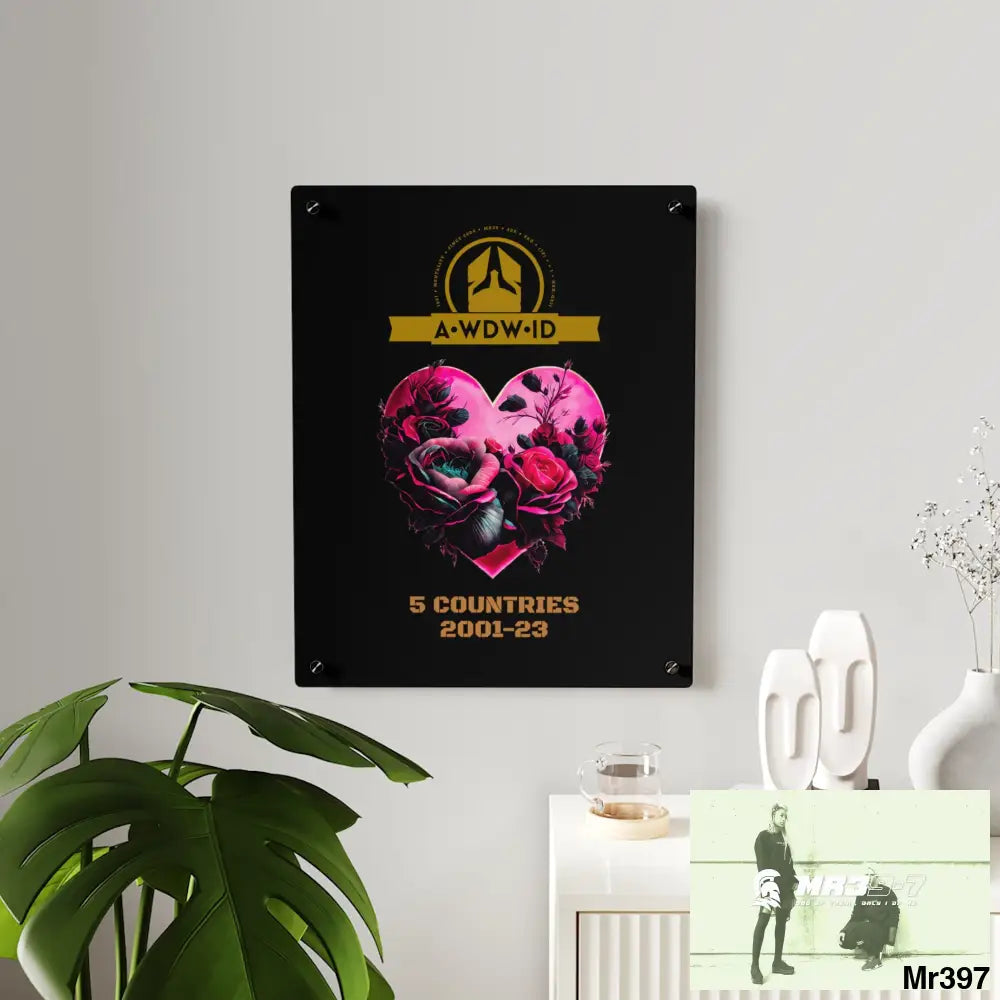 A Who Dares Wins (ID) RSF 5 Countries 2001-23 Heart made of pink roses with black accents Acrylic Wall Art Panels Home