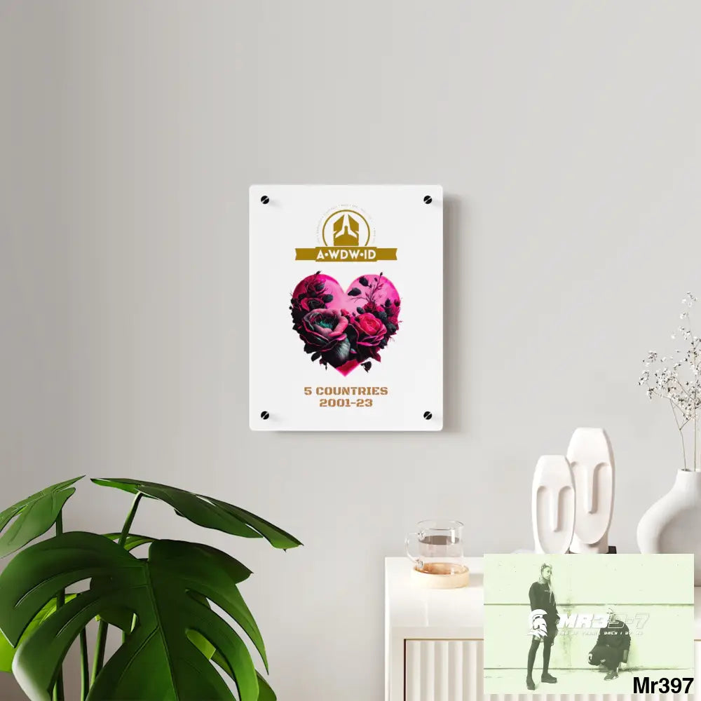 A Who Dares Wins (ID) RSF 5 Countries 2001-23 Heart made of pink roses with black accents Acrylic Wall Art Panels Home