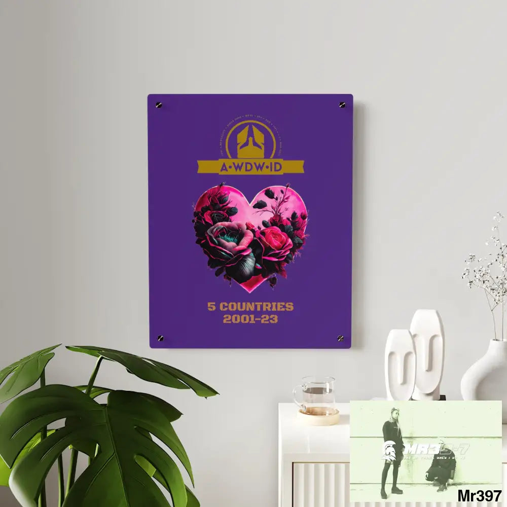 A Who Dares Wins (ID) RSF 5 Countries 2001-23 Heart made of pink roses with black accents Acrylic Wall Art Panels Home