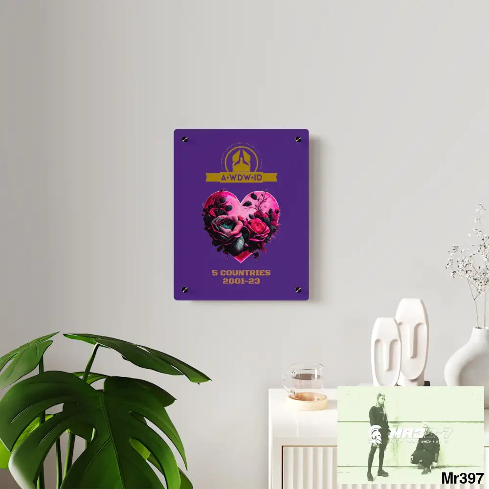 A Who Dares Wins (ID) RSF 5 Countries 2001-23 Heart made of pink roses with black accents Acrylic Wall Art Panels Home