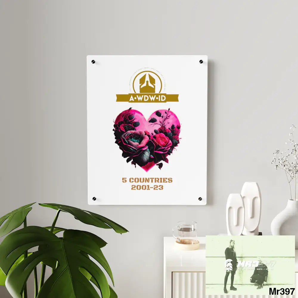 A Who Dares Wins (ID) RSF 5 Countries 2001-23 Heart made of pink roses with black accents Acrylic Wall Art Panels Home