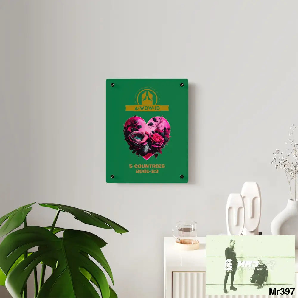 A Who Dares Wins (ID) RSF 5 Countries 2001-23 Heart made of pink roses with black accents Acrylic Wall Art Panels Home