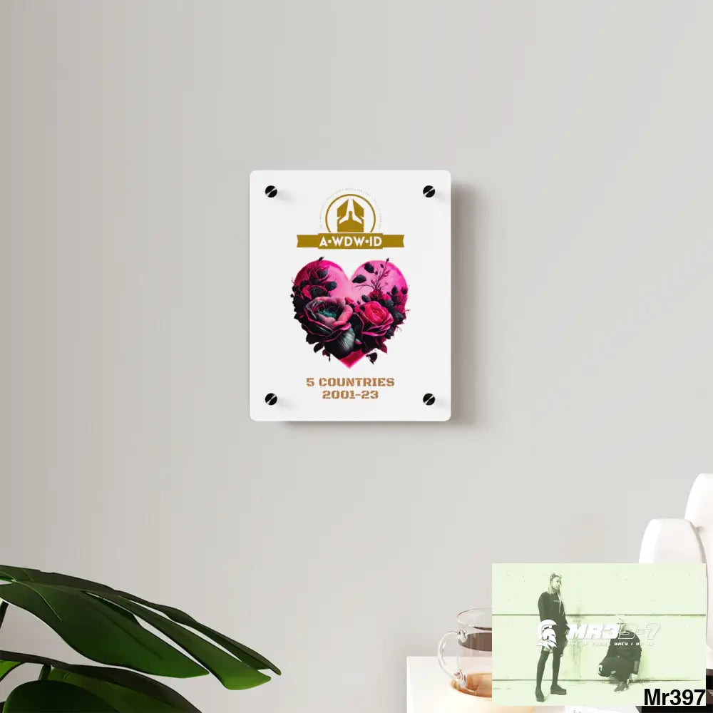 A Who Dares Wins (ID) RSF 5 Countries 2001-23 Heart made of pink roses with black accents Acrylic Wall Art Panels Home