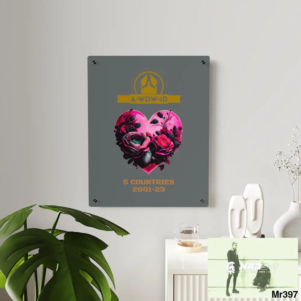A Who Dares Wins (ID) RSF 5 Countries 2001-23 Heart made of pink roses with black accents Acrylic Wall Art Panels Home