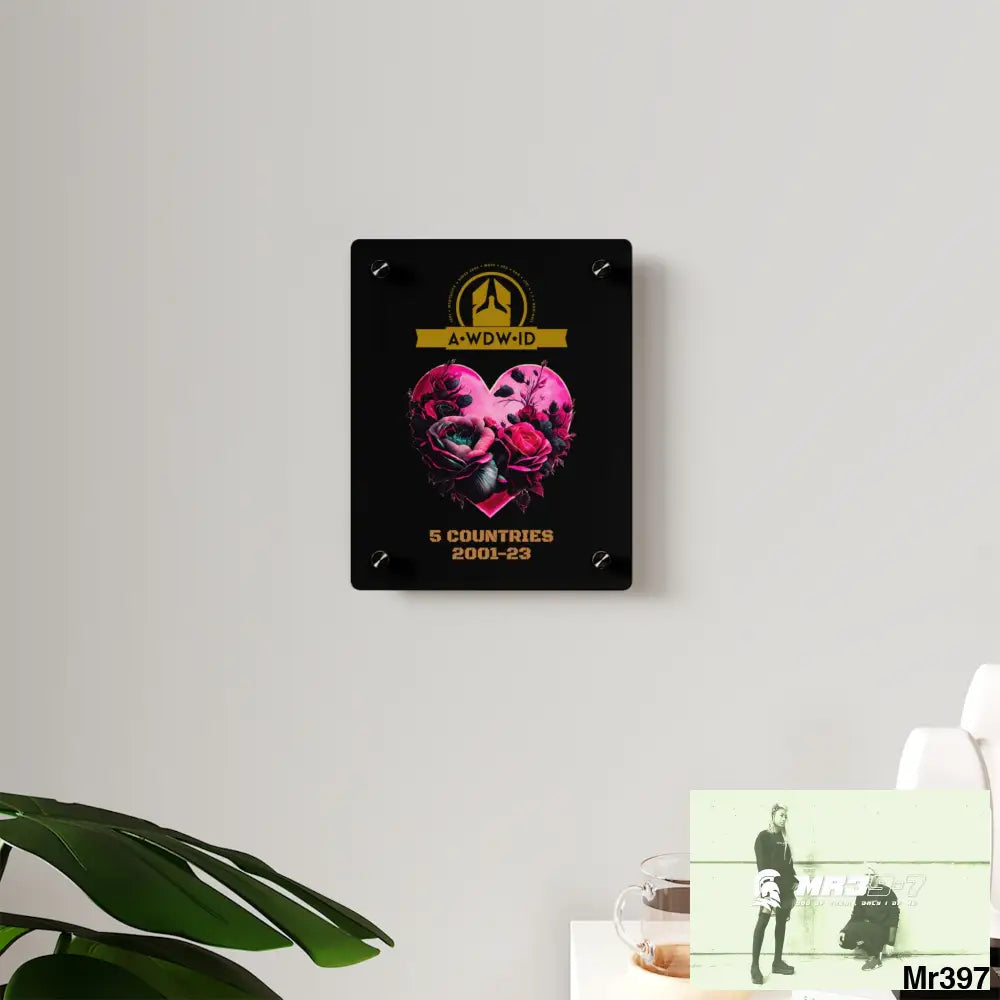 A Who Dares Wins (ID) RSF 5 Countries 2001-23 Heart made of pink roses with black accents Acrylic Wall Art Panels Home