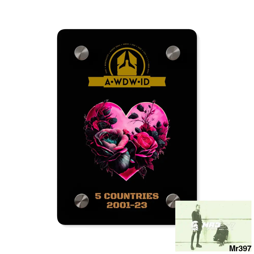 A Who Dares Wins (ID) RSF 5 Countries 2001-23 Heart made of pink roses with black accents Acrylic Wall Art Panels 5’’ x