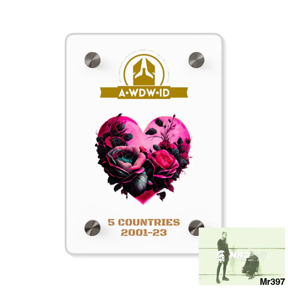 A Who Dares Wins (ID) RSF 5 Countries 2001-23 Heart made of pink roses with black accents Acrylic Wall Art Panels 5’’ x