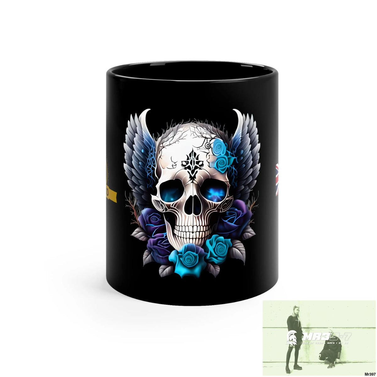 A Who Dares Wins (ID RSF) GBR Gothic Skull with Black Wings and Blue Roses 11oz Black Mug 11oz Mug