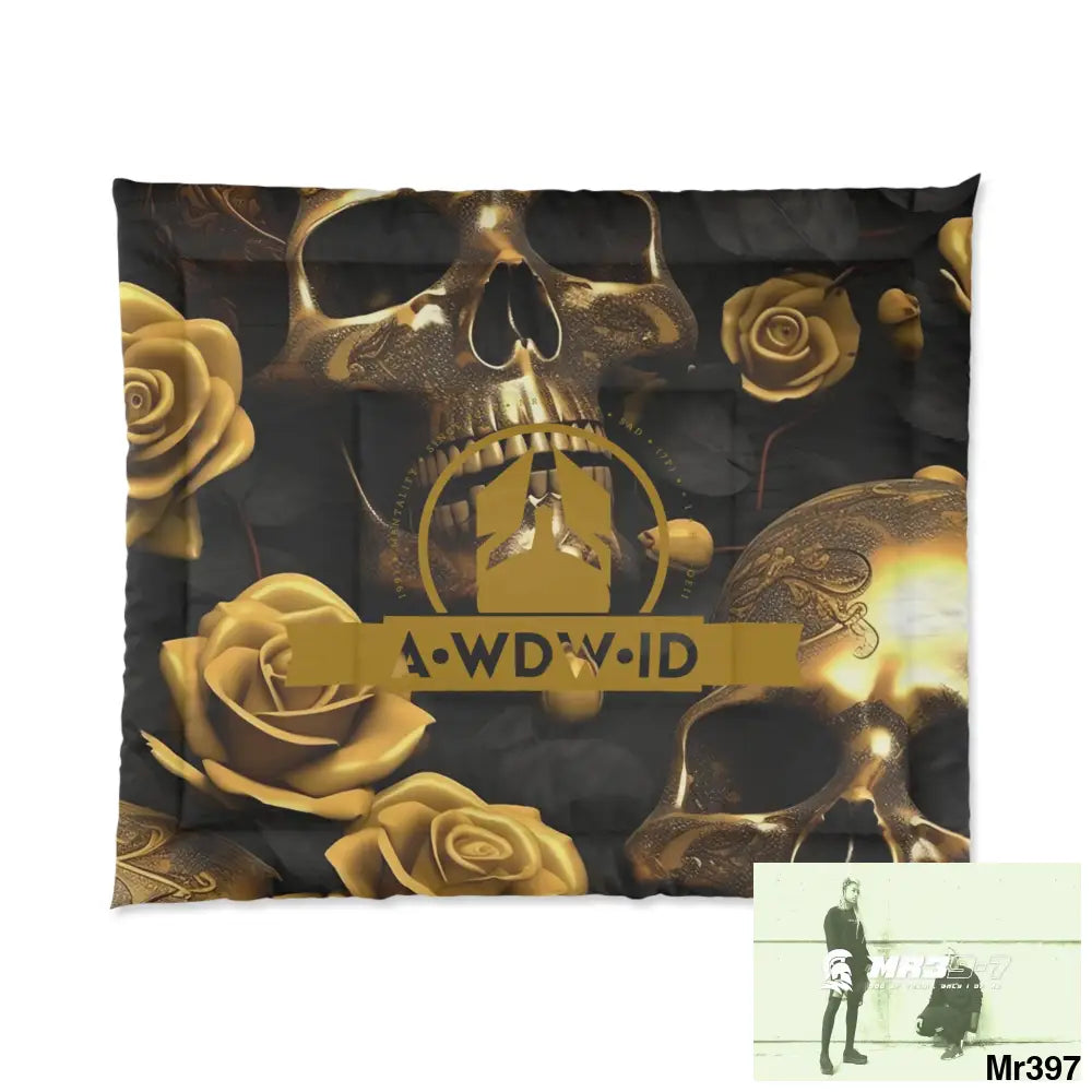 A Who dares Wins ID RSF Gold Skulls & Roses Comforter 104’’ × 88’’ Home Decor