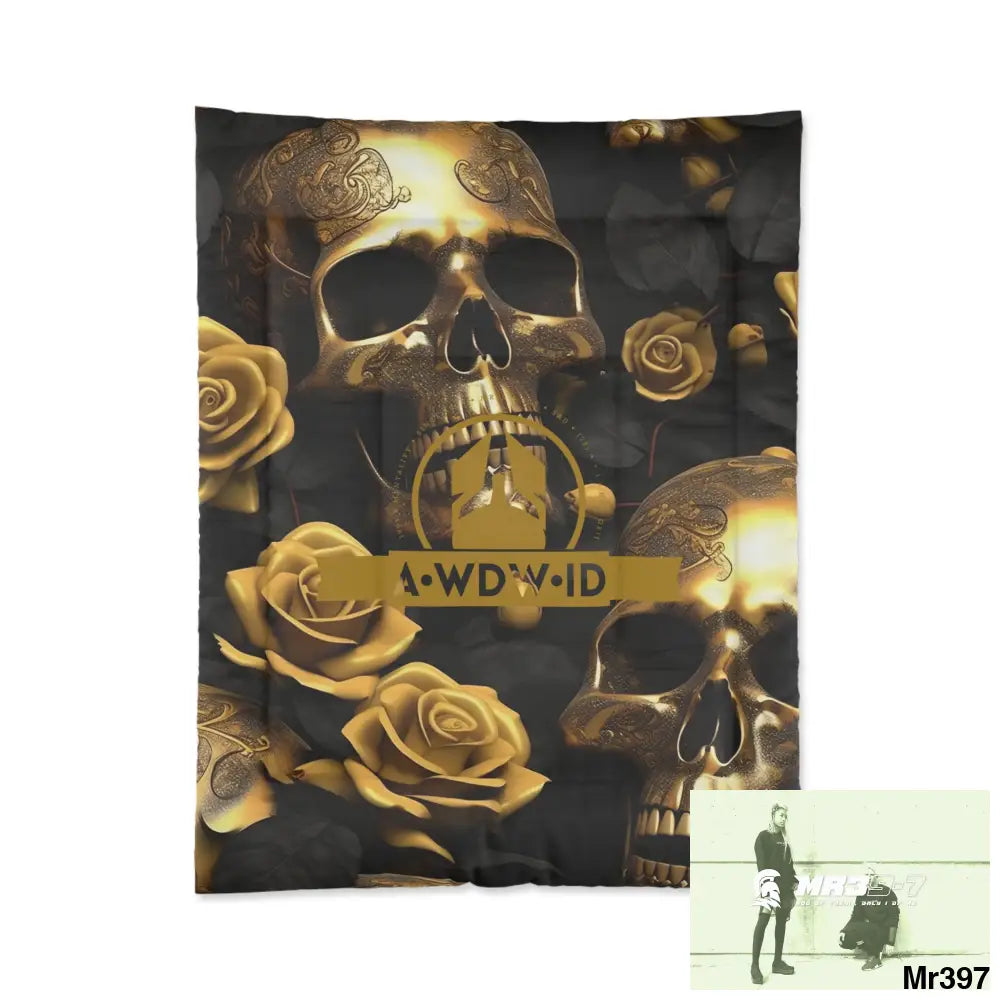 A Who dares Wins ID RSF Gold Skulls & Roses Comforter 68’’ × 88’’ Home Decor