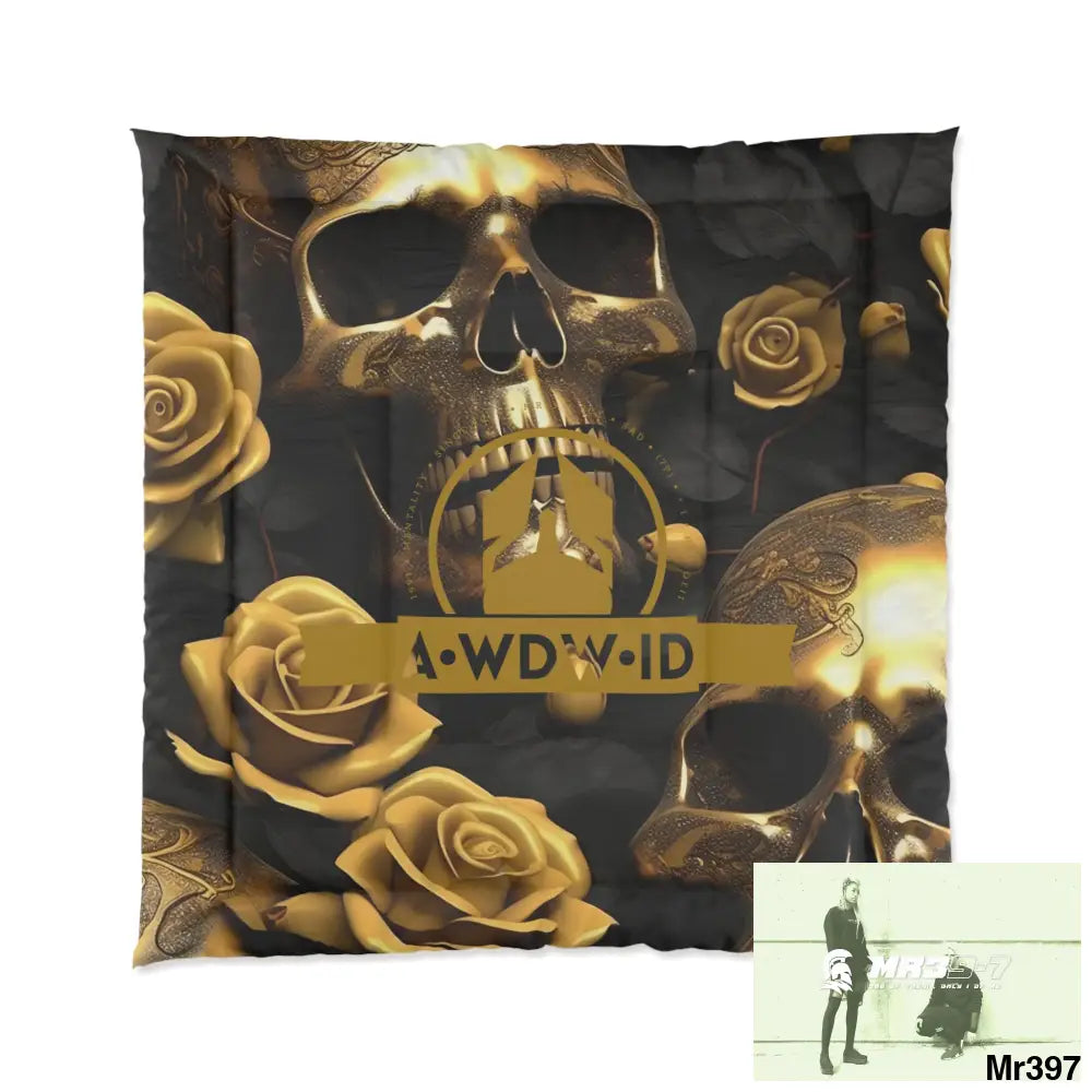 A Who dares Wins ID RSF Gold Skulls & Roses Comforter 88’’ × 88’’ Home Decor