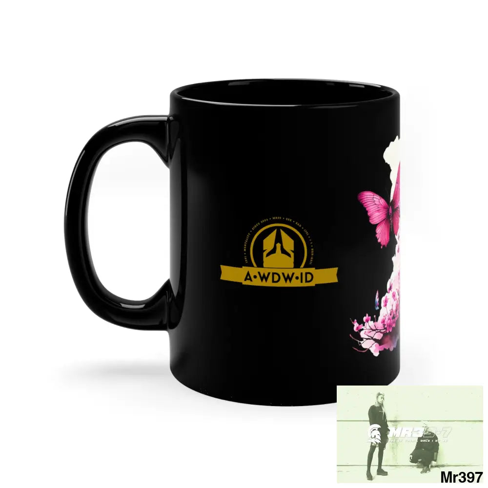 A Who Dares Wins (ID RSF) Pink Butterfly on Cherry tree Branch 11oz Black Mug 11oz Mug