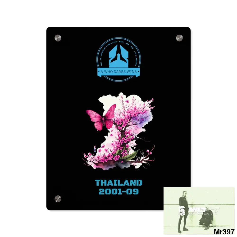 A Who Dares Wins Thailand 2001--09 Pink Butterfly on Ornamental Cherry Tree Branch Acrylic Wall Art Panels 11″ x 14″