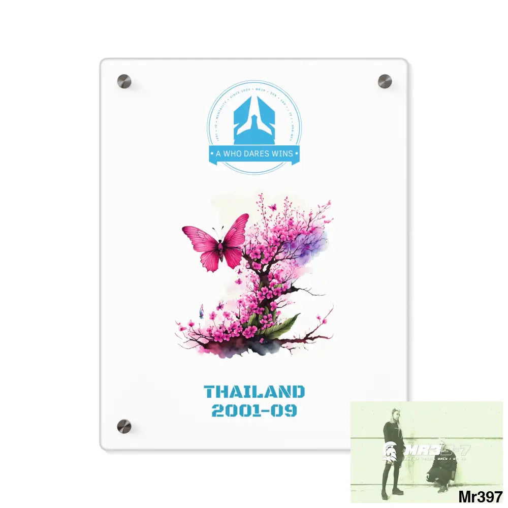 A Who Dares Wins Thailand 2001--09 Pink Butterfly on Ornamental Cherry Tree Branch Acrylic Wall Art Panels 11″ x 14″