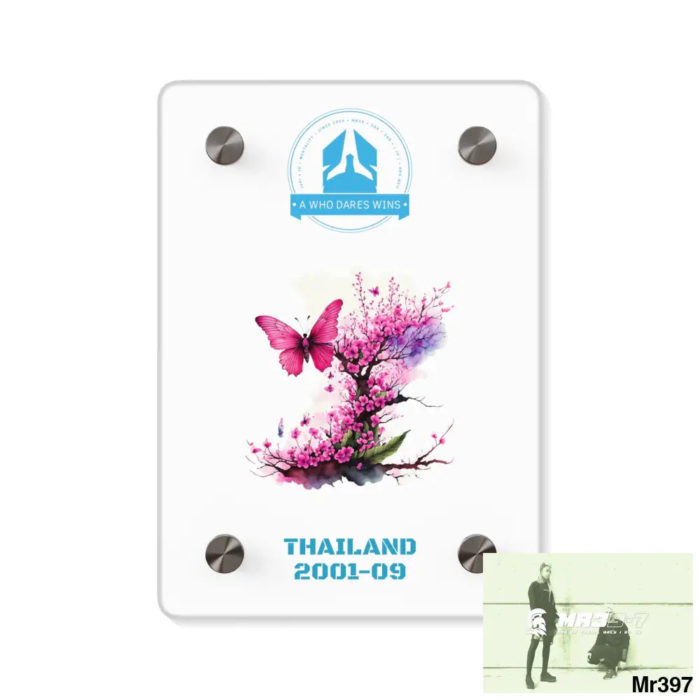 A Who Dares Wins Thailand 2001--09 Pink Butterfly on Ornamental Cherry Tree Branch Acrylic Wall Art Panels 5’’ x 7’’