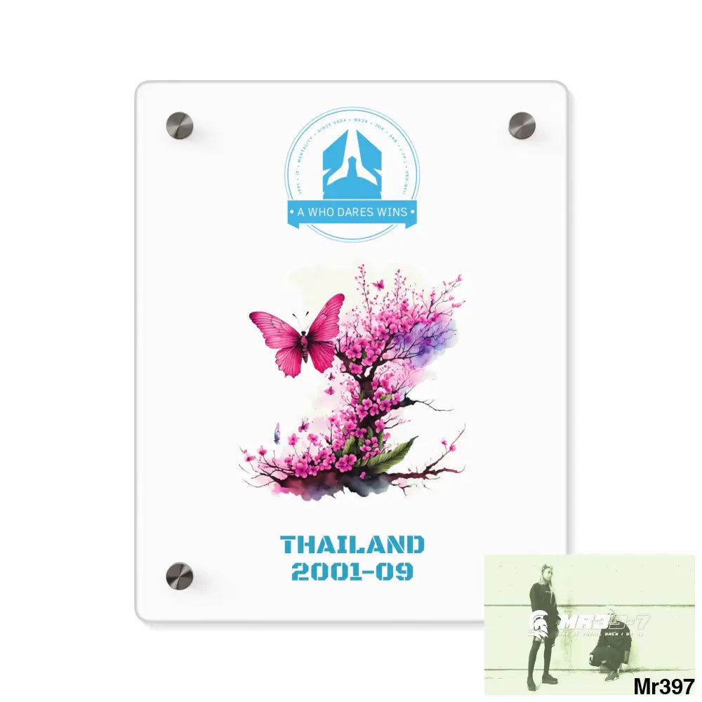 A Who Dares Wins Thailand 2001--09 Pink Butterfly on Ornamental Cherry Tree Branch Acrylic Wall Art Panels 8″ x 10″
