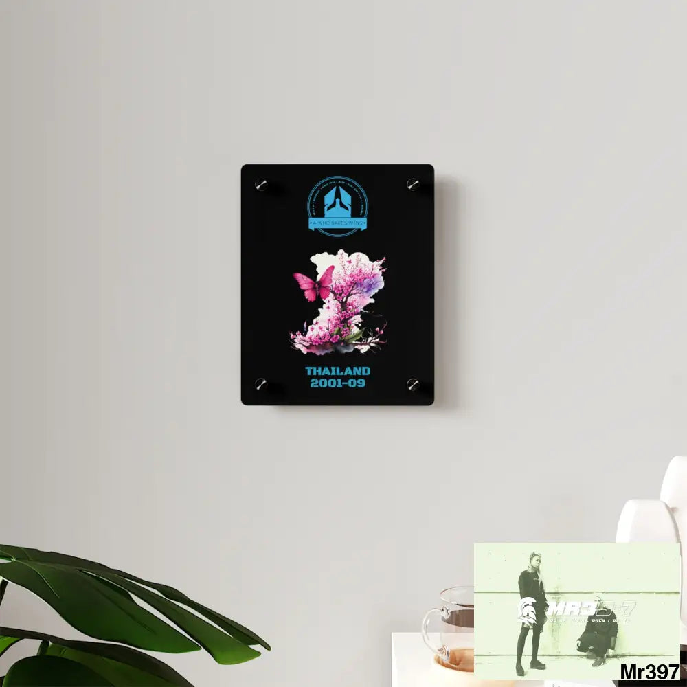 A Who Dares Wins Thailand 2001--09 Pink Butterfly on Ornamental Cherry Tree Branch Acrylic Wall Art Panels Home Decor
