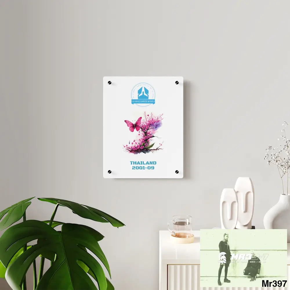 A Who Dares Wins Thailand 2001--09 Pink Butterfly on Ornamental Cherry Tree Branch Acrylic Wall Art Panels Home Decor