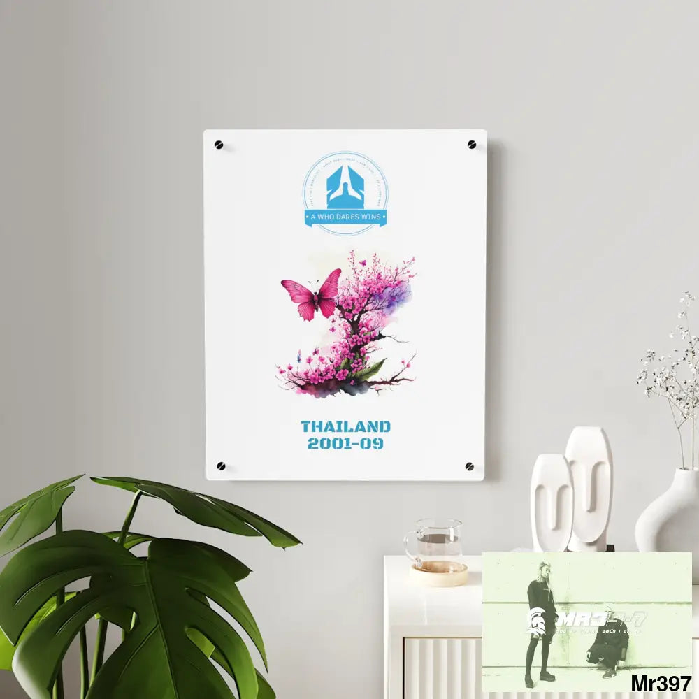 A Who Dares Wins Thailand 2001--09 Pink Butterfly on Ornamental Cherry Tree Branch Acrylic Wall Art Panels Home Decor