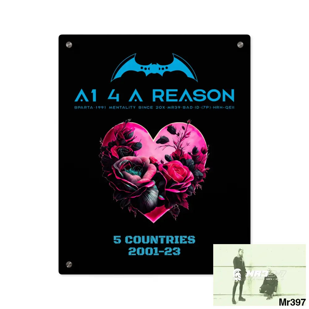 A1 4 A Reason 5 Countries 2001-23 Heart made of pink roses with black accents Acrylic Wall Art Panels 16″ x 20″