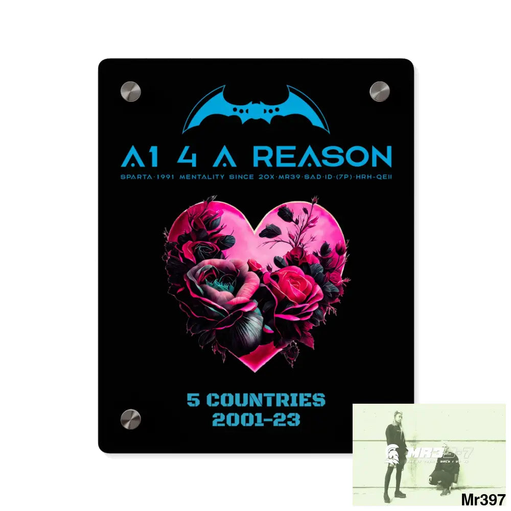 A1 4 A Reason 5 Countries 2001-23 Heart made of pink roses with black accents Acrylic Wall Art Panels 8″ x 10″