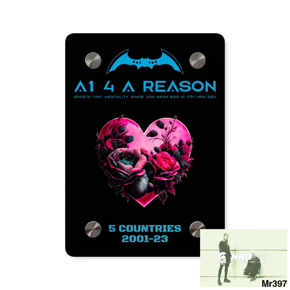 A1 4 A Reason 5 Countries 2001-23 Heart made of pink roses with black accents Acrylic Wall Art Panels 5’’ x 7’’