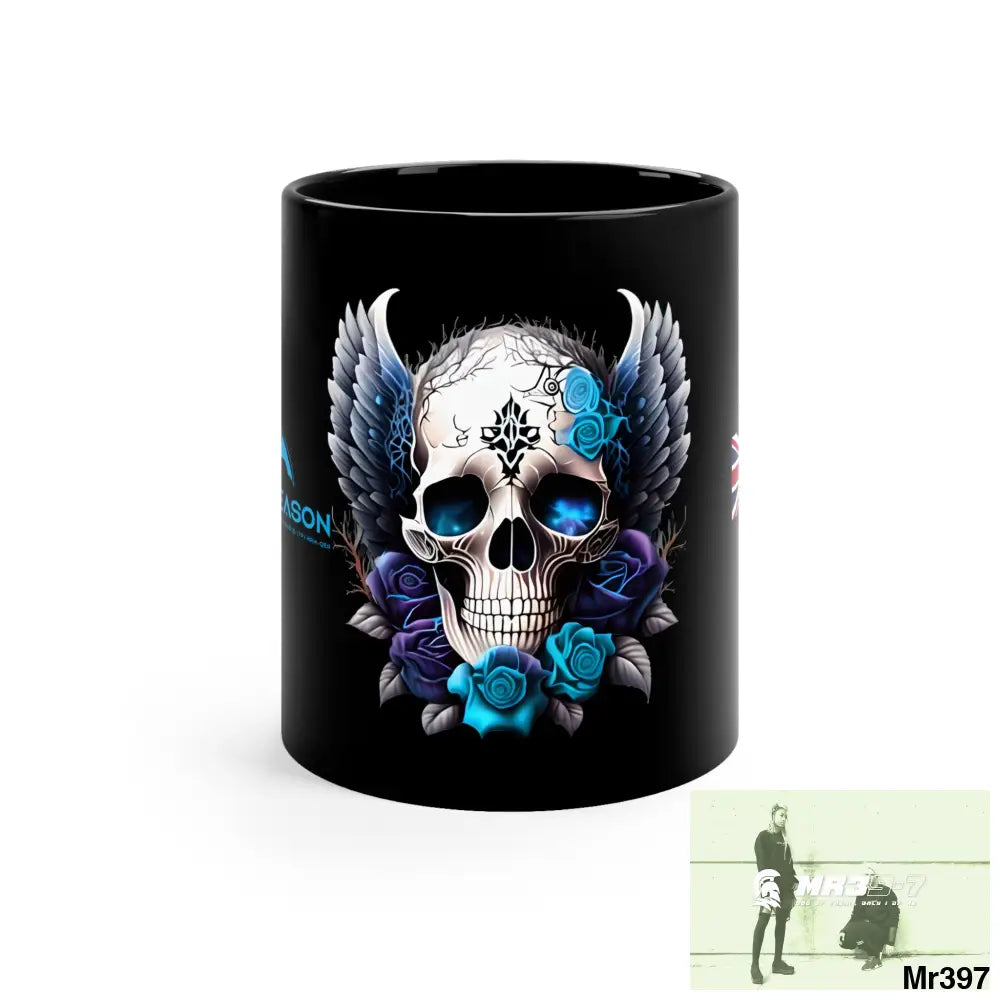 A1 4 A Reason GBR Gothic Skull with Black Wings and Blue Roses 11oz Black Mug 11oz Mug