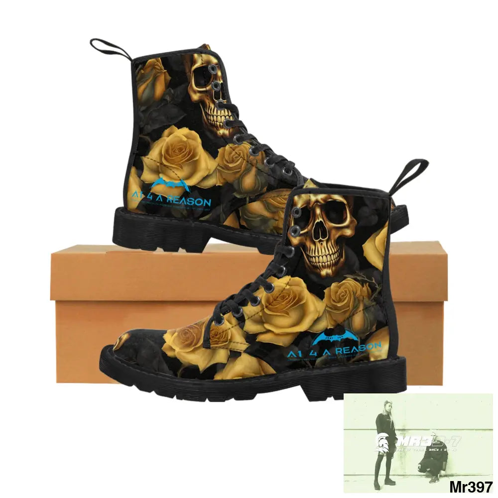 A1 4 A Reason No 2 Gothic Skulls and Gold Roses Canvas Boots AOP Shoes