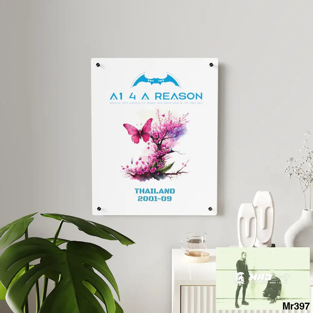 A1 4 A Reason Thailand 2001--09.Pink Butterfly on Ornamental Cherry Tree Branch Acrylic Wall Art Panels Home Decor