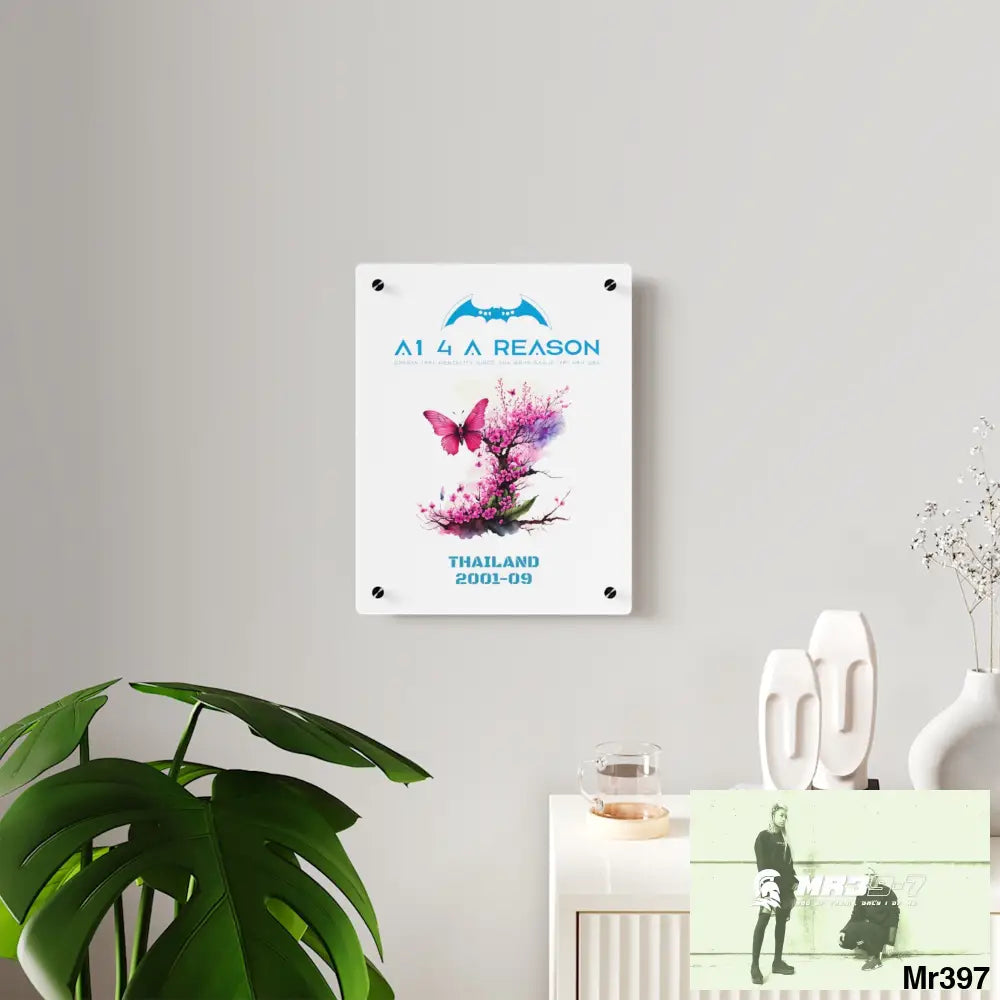 A1 4 A Reason Thailand 2001--09.Pink Butterfly on Ornamental Cherry Tree Branch Acrylic Wall Art Panels Home Decor