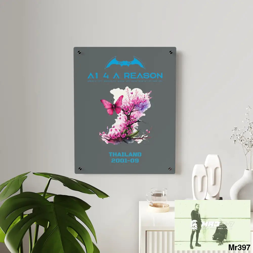 A1 4 A Reason Thailand 2001--09.Pink Butterfly on Ornamental Cherry Tree Branch Acrylic Wall Art Panels Home Decor