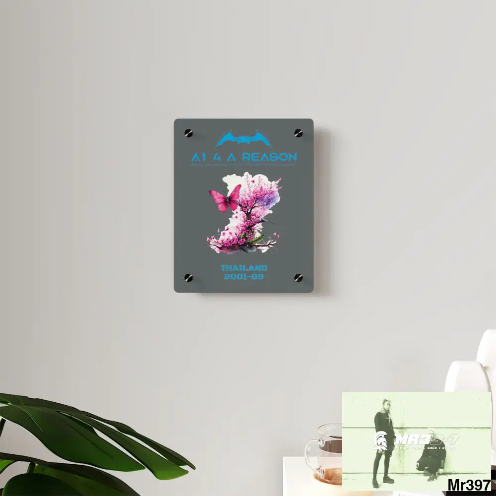 A1 4 A Reason Thailand 2001--09.Pink Butterfly on Ornamental Cherry Tree Branch Acrylic Wall Art Panels Home Decor