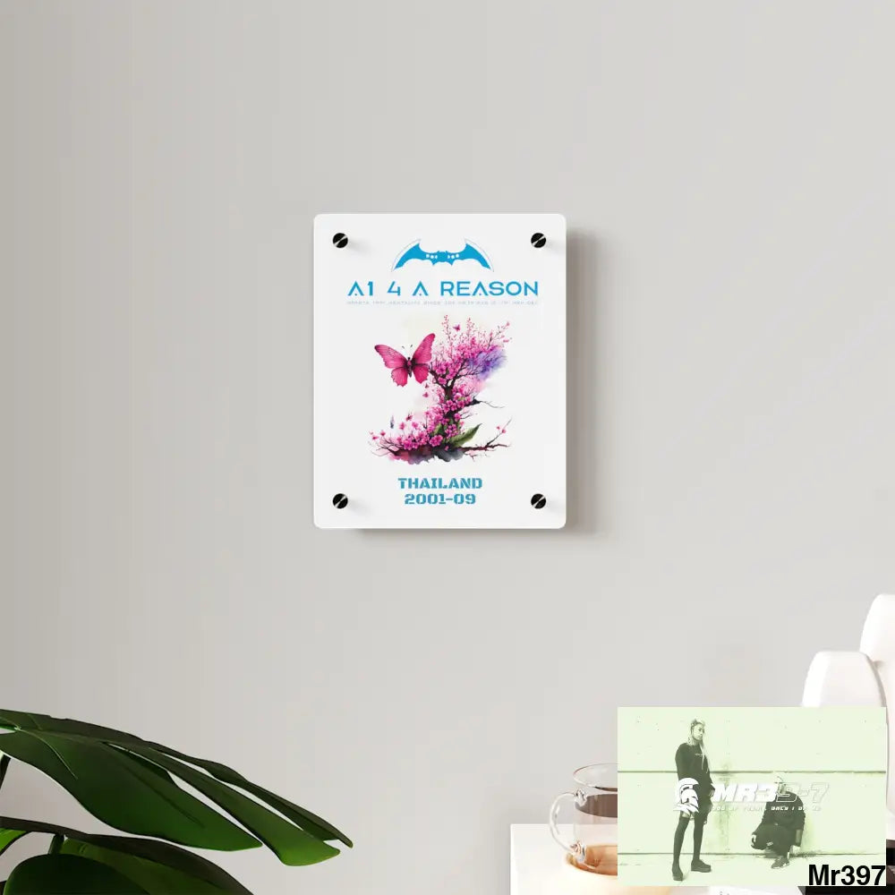 A1 4 A Reason Thailand 2001--09.Pink Butterfly on Ornamental Cherry Tree Branch Acrylic Wall Art Panels Home Decor