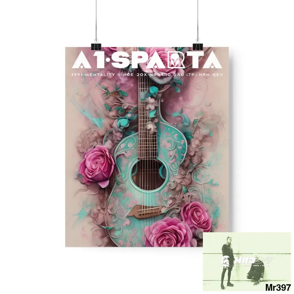 A1.Peace Sparta with pink roses and guitar Matte Vertical Posters 9’’ x 11’’ / Matte Poster
