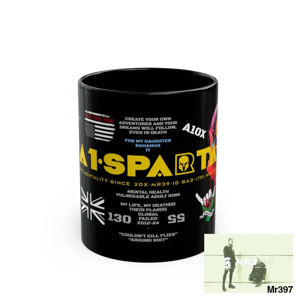 A1.Sparta 11oz Tactical GB / Wales Black Mug Mental Health VAR / My Life My Deaths Their Plans Failed Couldn’t kill