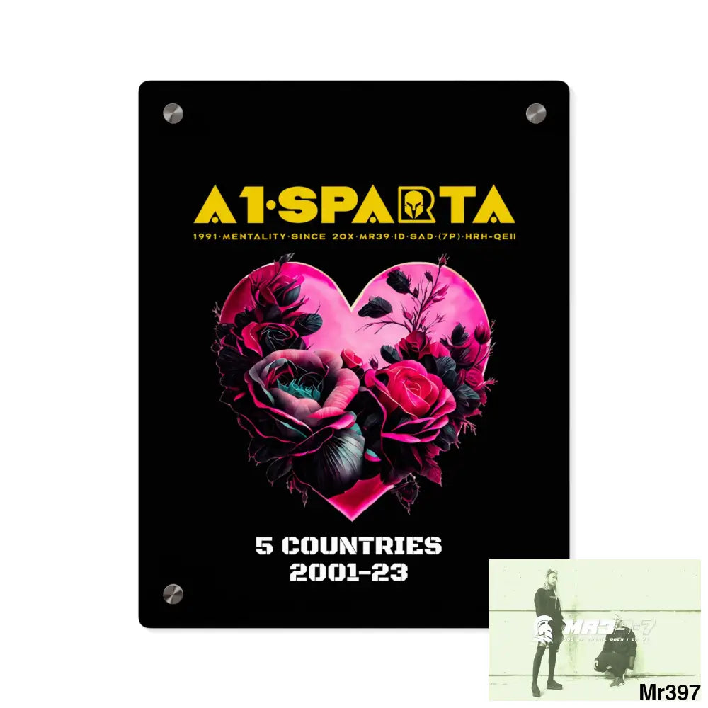 A1-Sparta 5 Countries 2001-23 Heart made of pink roses with black accents Acrylic Wall Art Panels 11″ x 14″ (Vertical)